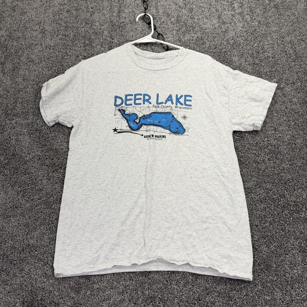 Deer Lake Shirt Mens Medium Gray Polk County Wisconsin Graphic Tee Outdoor Trip